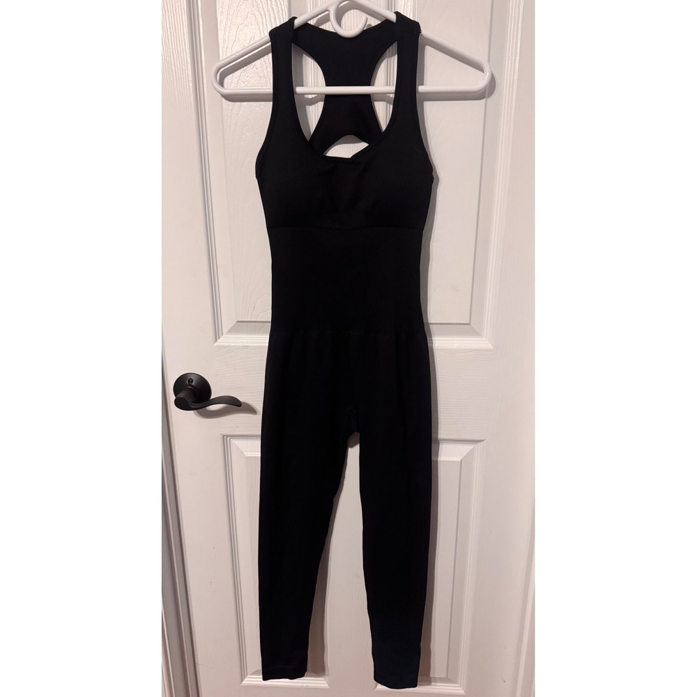 Black Ribbed Racerback Workout Jumpsuit Unitard Women's Small